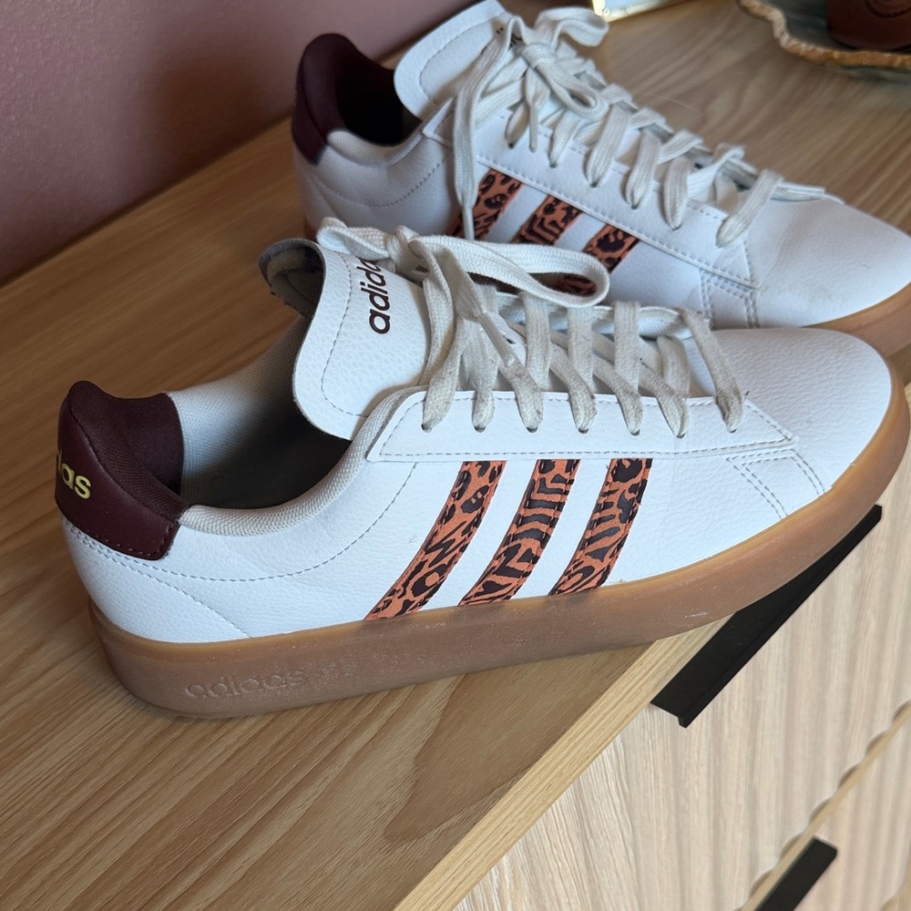 Adidas White Sneakers with Brown Animal Print